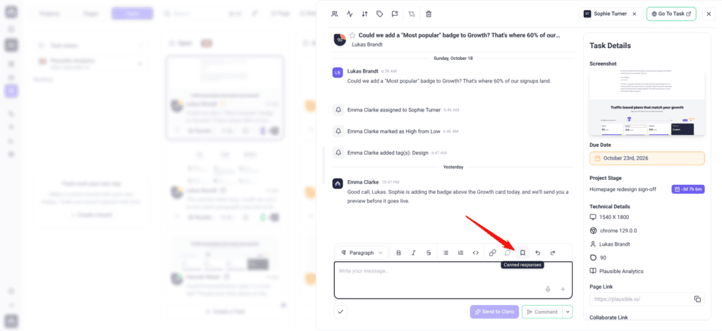 Task comment editor with the red arrow pointing at the bookmark icon in the toolbar, showing the Canned responses tooltip.