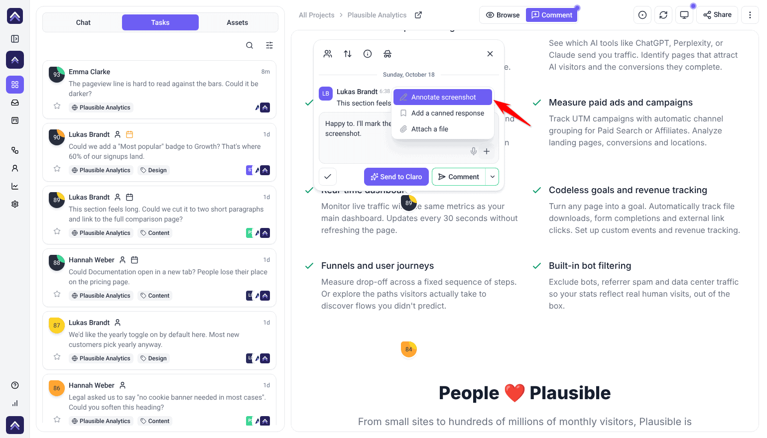 Comment box with the + menu open on Annotate screenshot