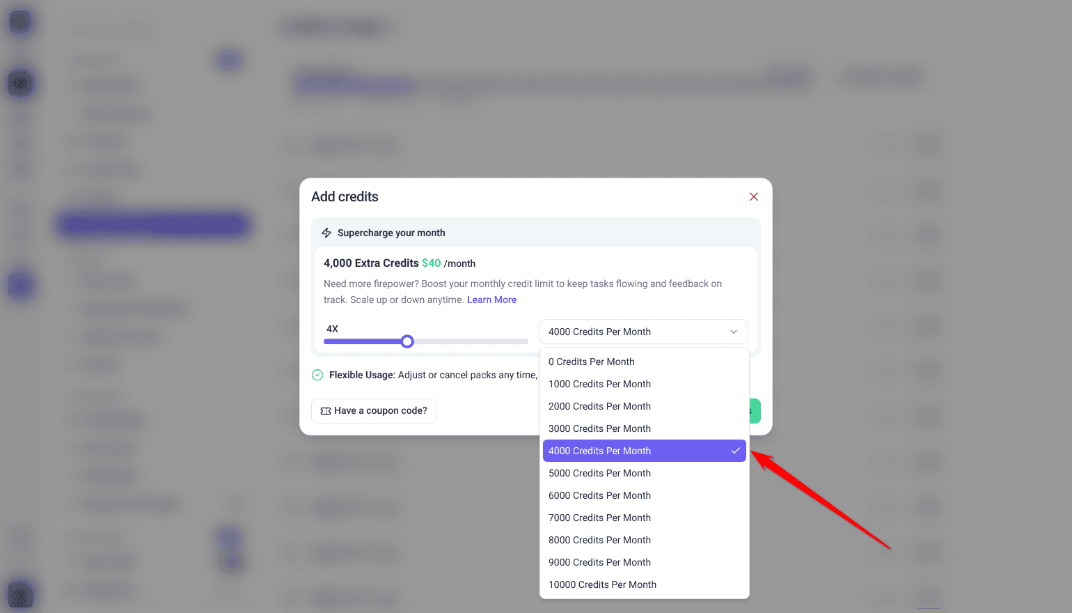 Add credits window with the Credits Per Month dropdown open; the arrow points at the selected 4000 Credits Per Month pack