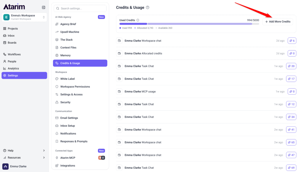Used Credits bar on Credits & Usage with the Add More Credits button beside it, above the usage feed