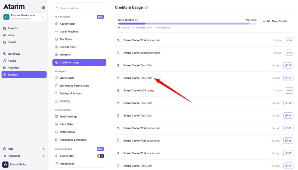 Credits & Usage feed listing Emma Clarke's charges with the action, time and credits for each