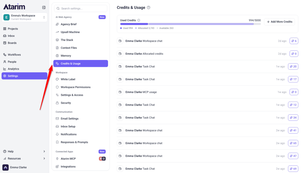 Settings with Credits & Usage selected, showing the Used Credits bar, Add More Credits and the usage feed