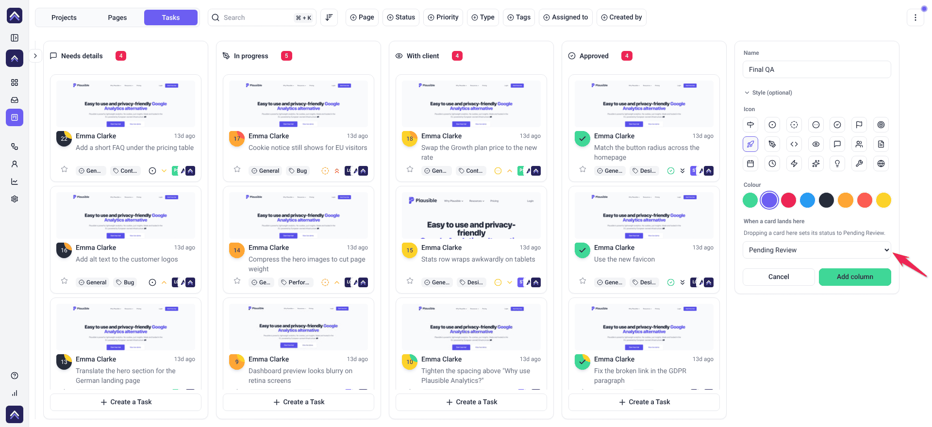 Add column form with the name Final QA, Style (optional) open on Icon and Colour, and When a card lands here set to Pending Review, with a red arrow pointing at the Pending Review dropdown