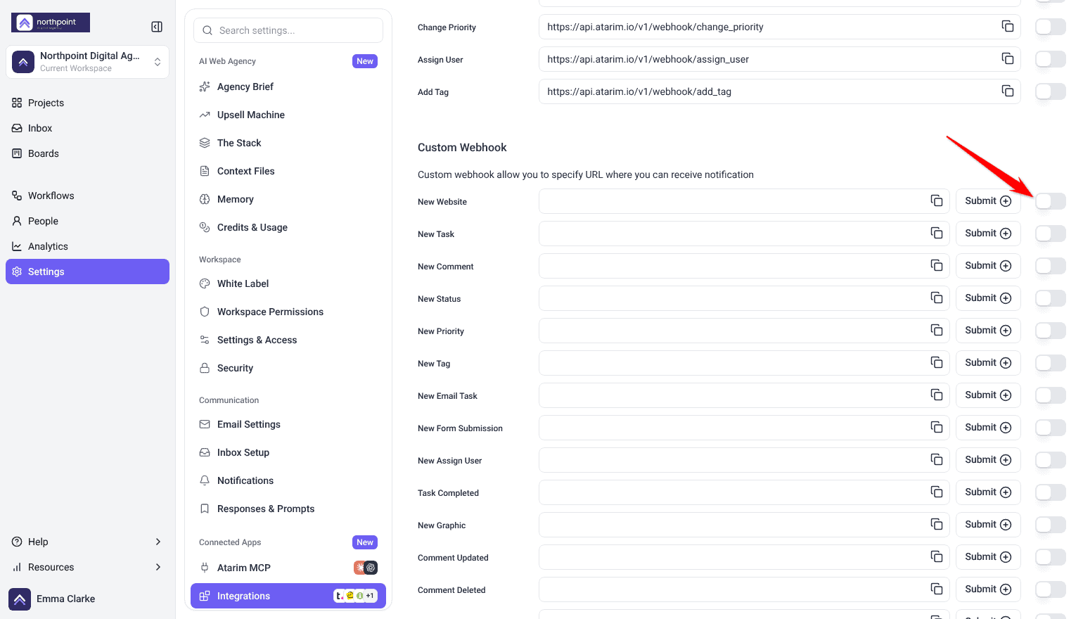 Custom Webhook section with a URL field, Submit button and switch for each event