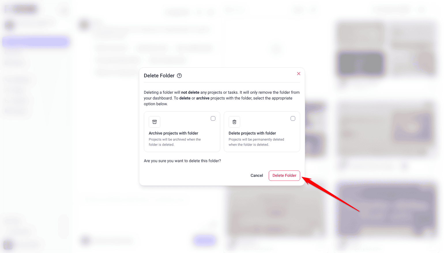 Delete Folder dialog with both options unticked, with the arrow on the Delete Folder button