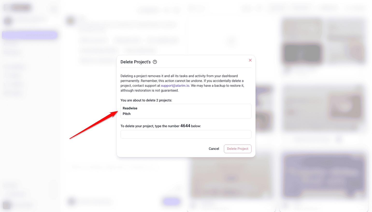Delete Project's dialog listing Readwise and Pitch above the confirmation number, with the arrow on the list of names