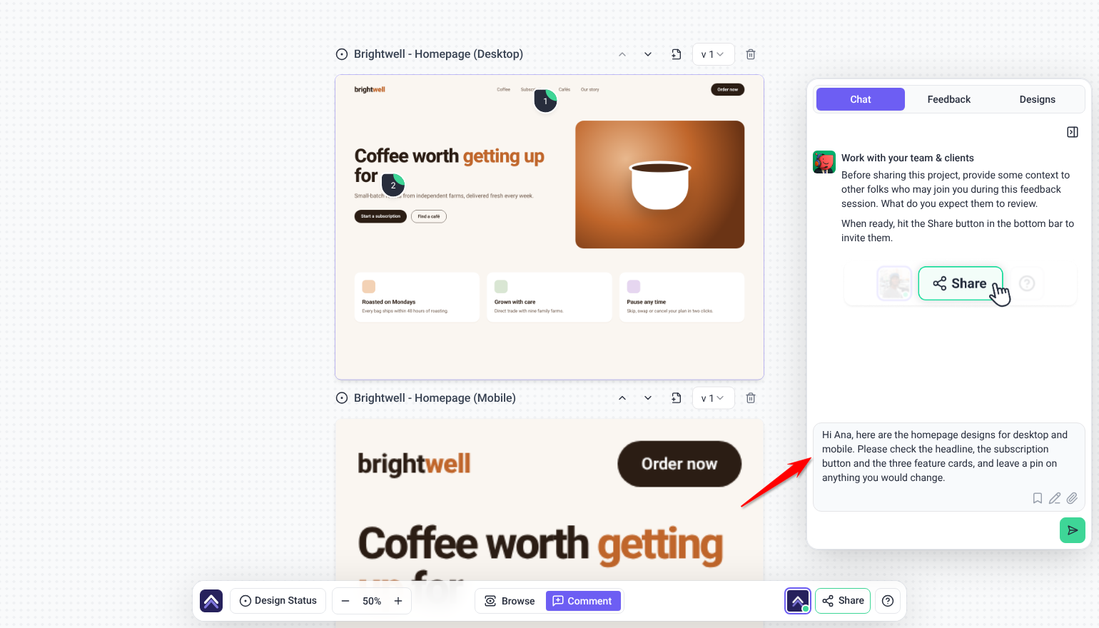 Chat tab with review instructions typed for the client before sharing