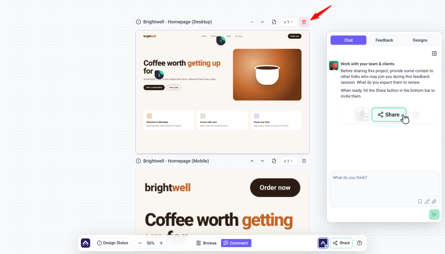 Delete design control at the end of a design's info bar