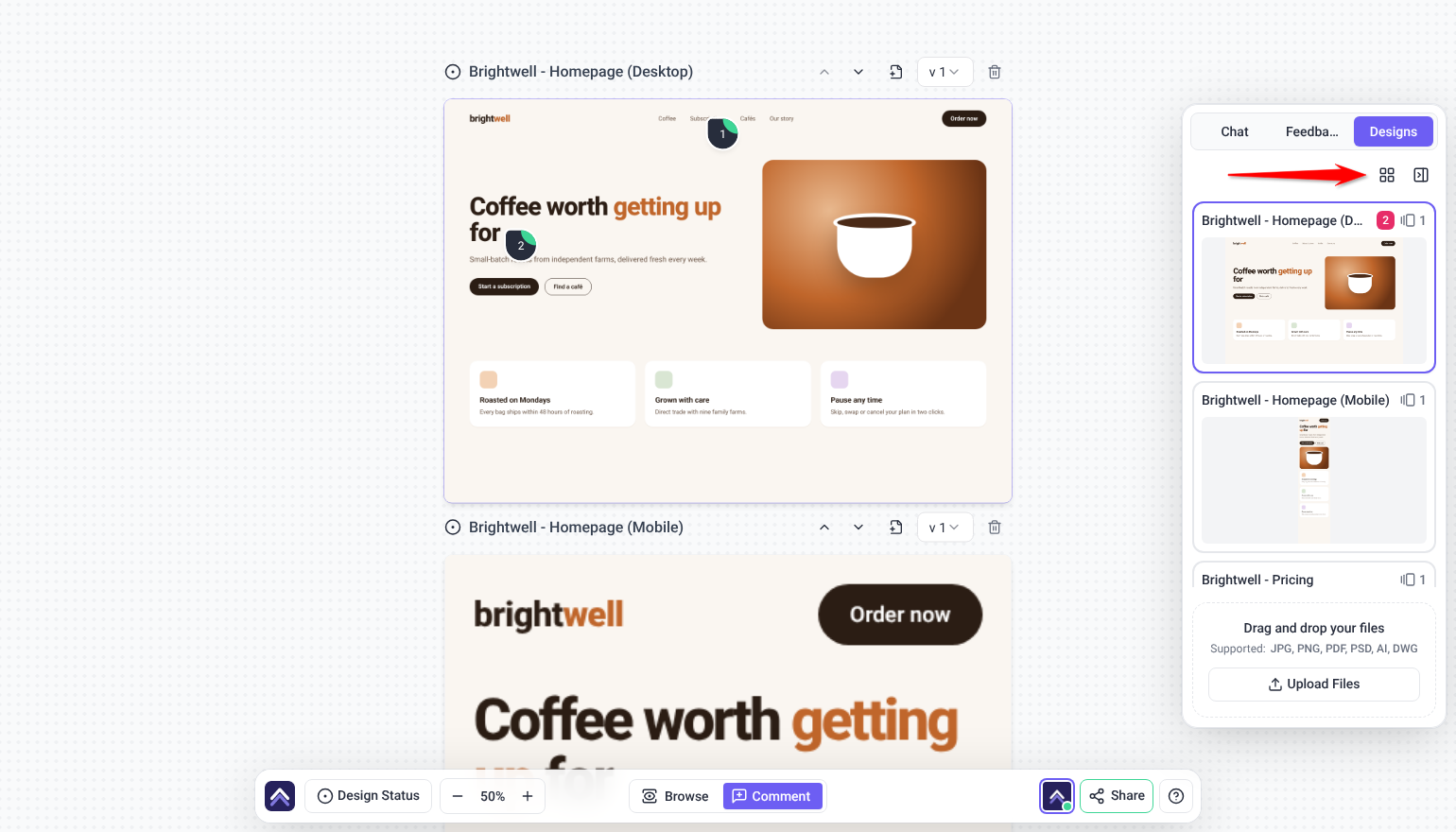 Open designs grid button on the Designs tab of the sidebar