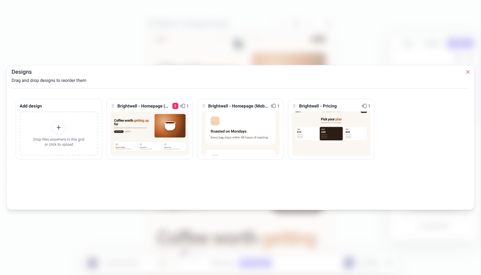 Designs grid showing every design in the project, with Add design first