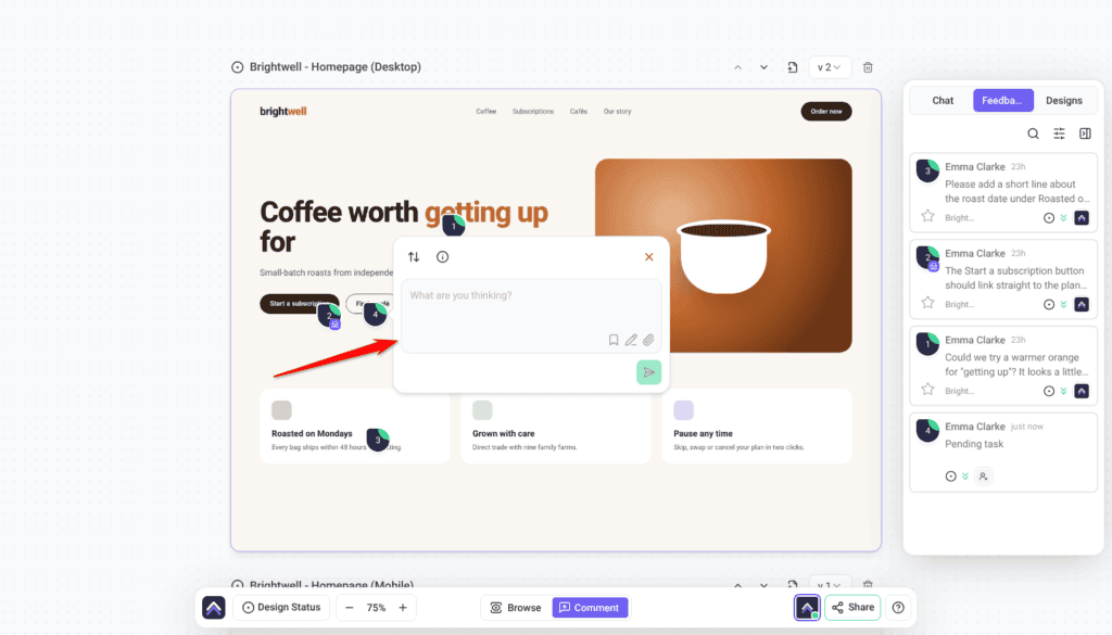New comment box opened on the Find a café button of a Brightwell design, with a numbered marker; the arrow points at the comment box