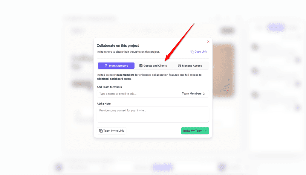 Collaborate on this project dialog opened from Share, with Team Members, Guests and Clients and Manage Access tabs; the arrow points at Guests and Clients