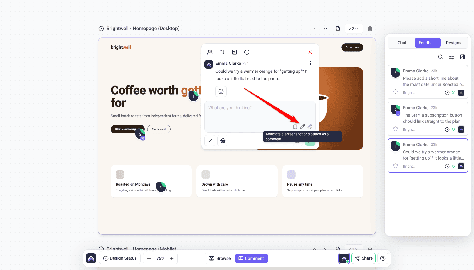 Design task open on the canvas with the Annotate a screenshot and attach as a comment tooltip; the arrow points at the annotate icon in the reply box