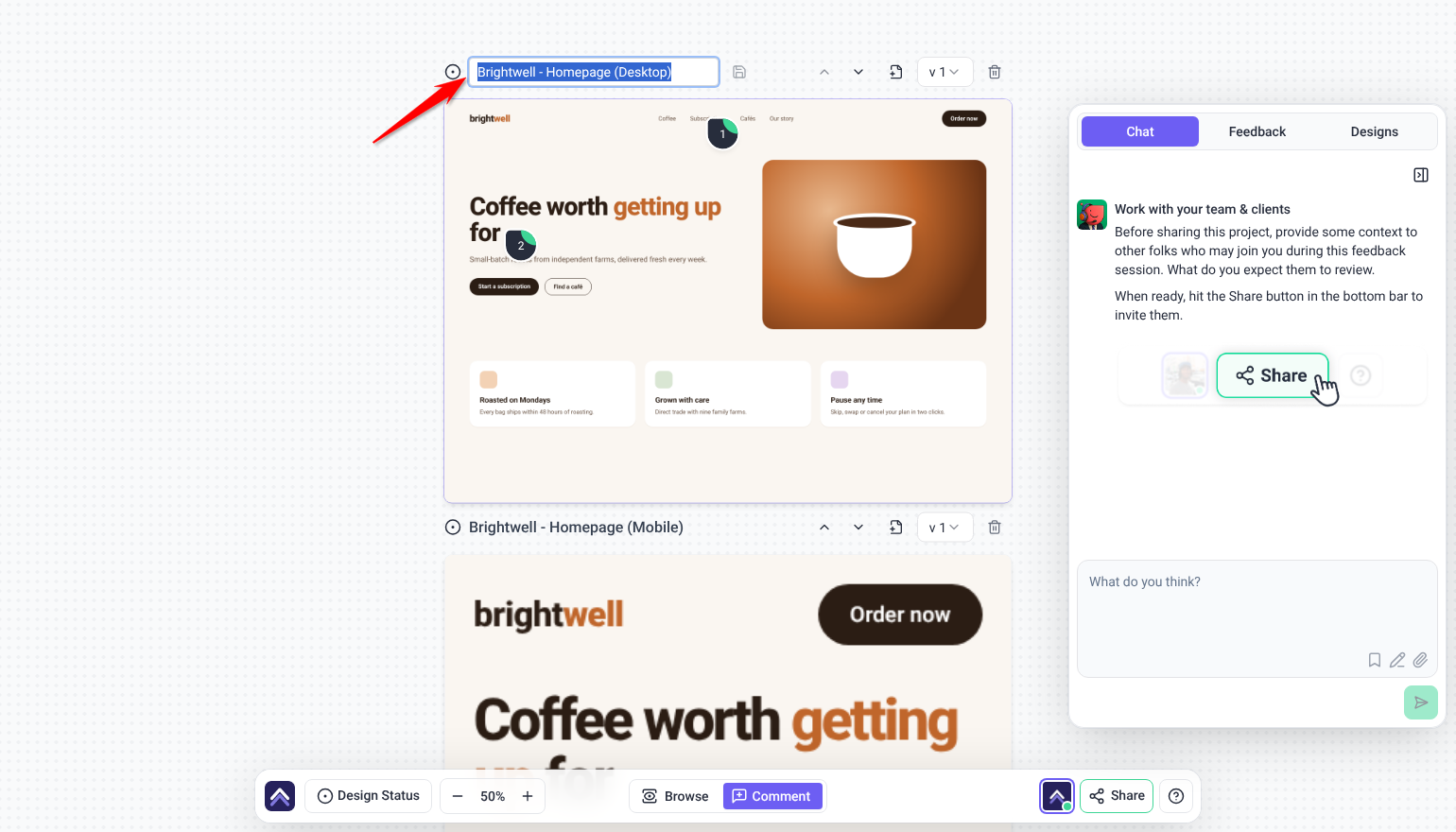 Design name field open for editing above a Brightwell homepage design