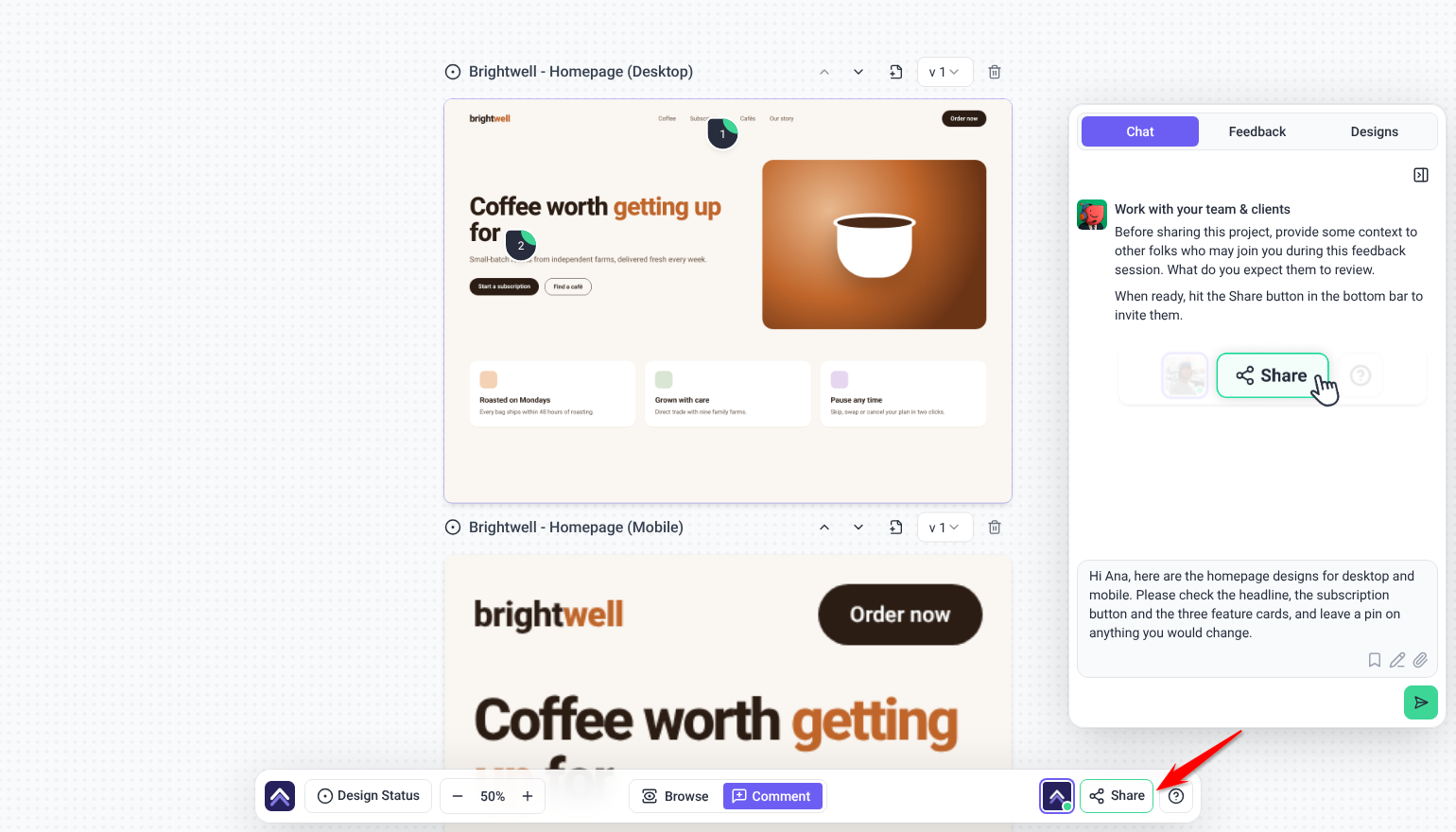 Share button in the bottom bar of a design project
