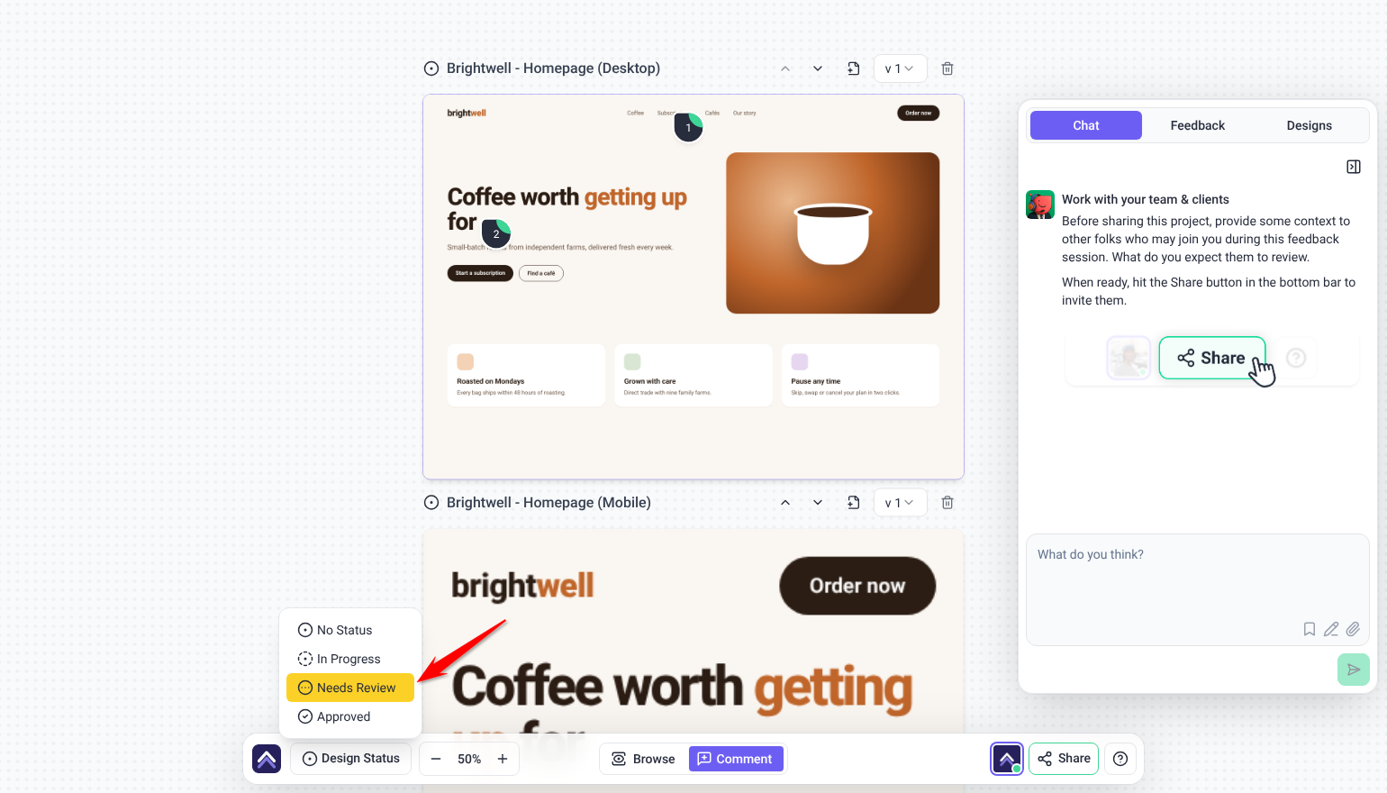 Design Status menu showing No Status, In Progress, Needs Review and Approved