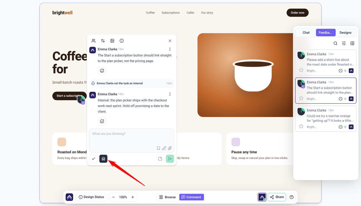 Design task with an internal note posted and the internal note toggle switched on