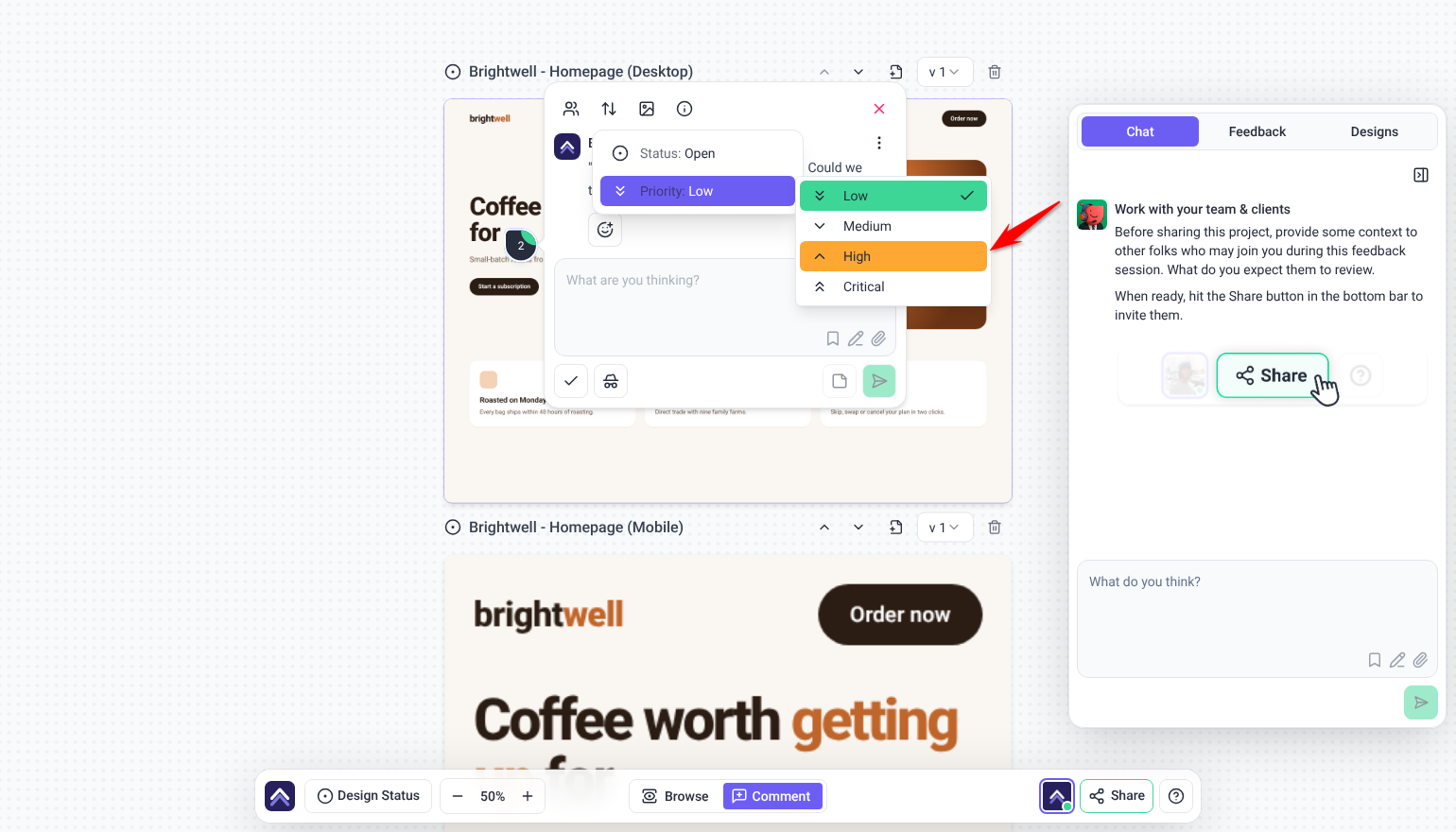 Priority menu on a design task with High highlighted