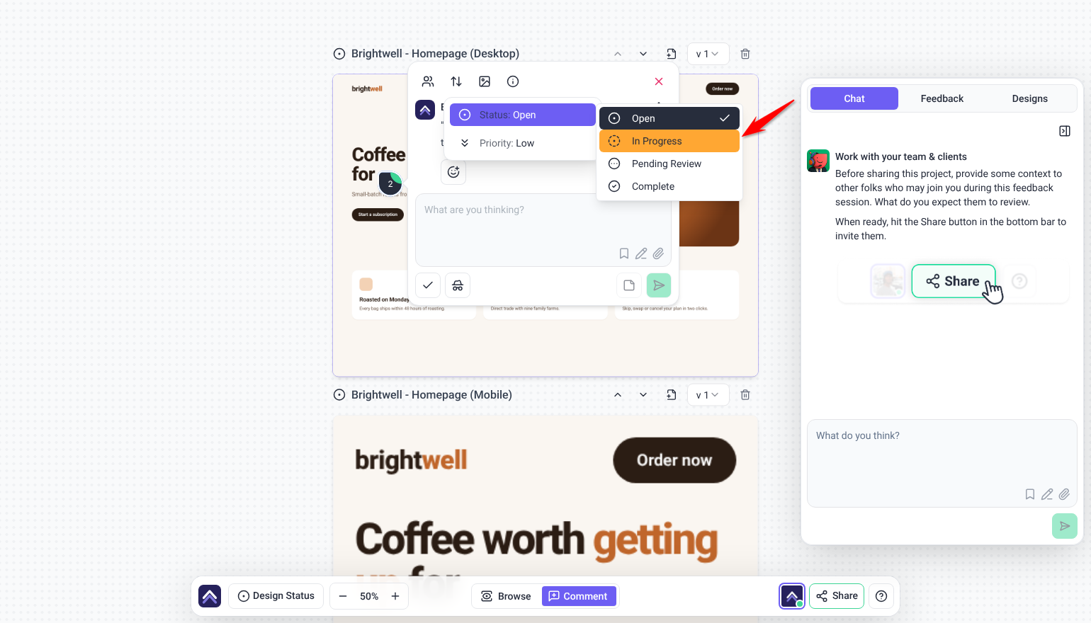 Status menu on a design task with In Progress highlighted