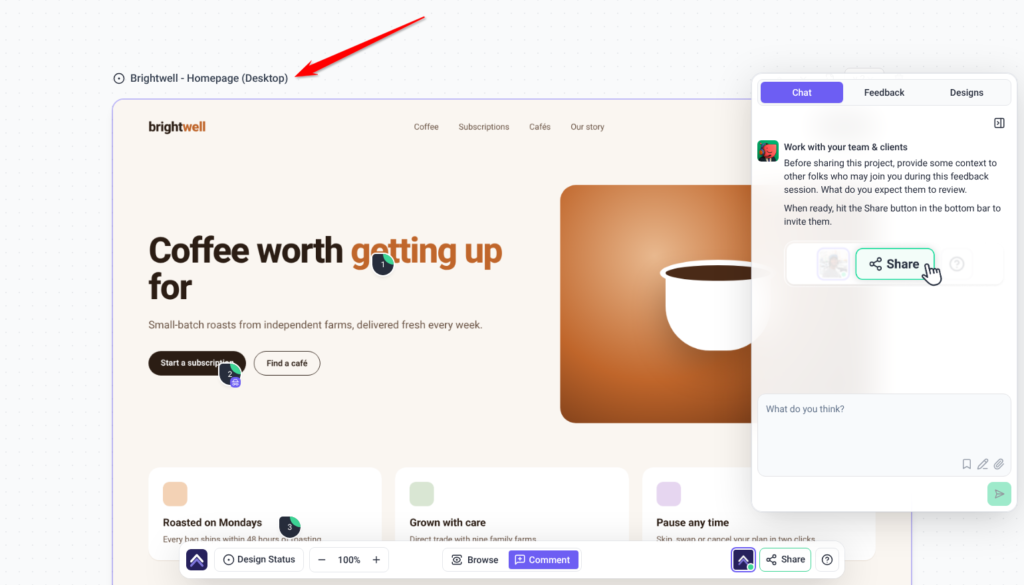 Brightwell homepage design open in Atarim with the Chat, Feedback and Designs sidebar, ready for feedback