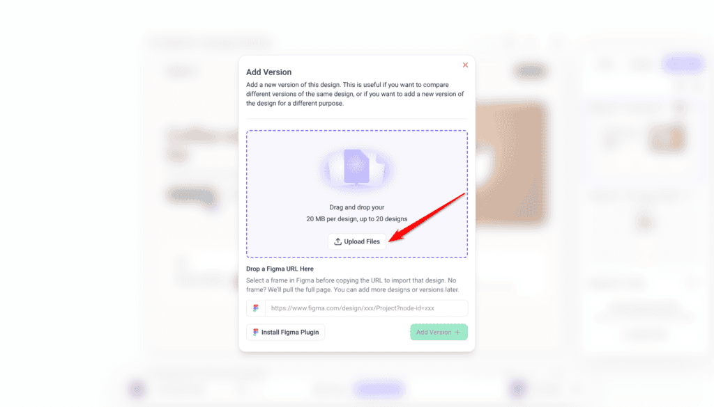 Add Version window opened from Create new version, with the upload area, Upload Files and Drop a Figma URL Here; the arrow points at Upload Files