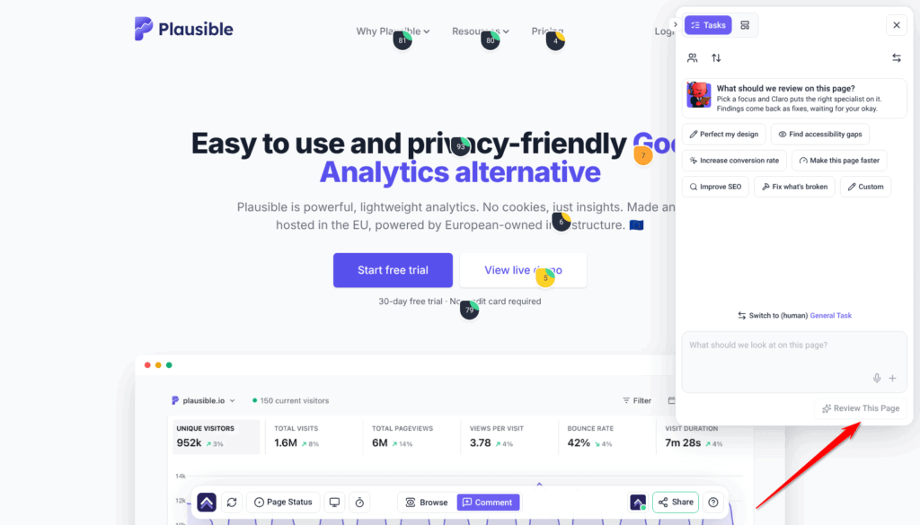 Review panel in the Plausible Analytics sidebar asking What should we review on this page?, with focus presets; the arrow points at Review This Page
