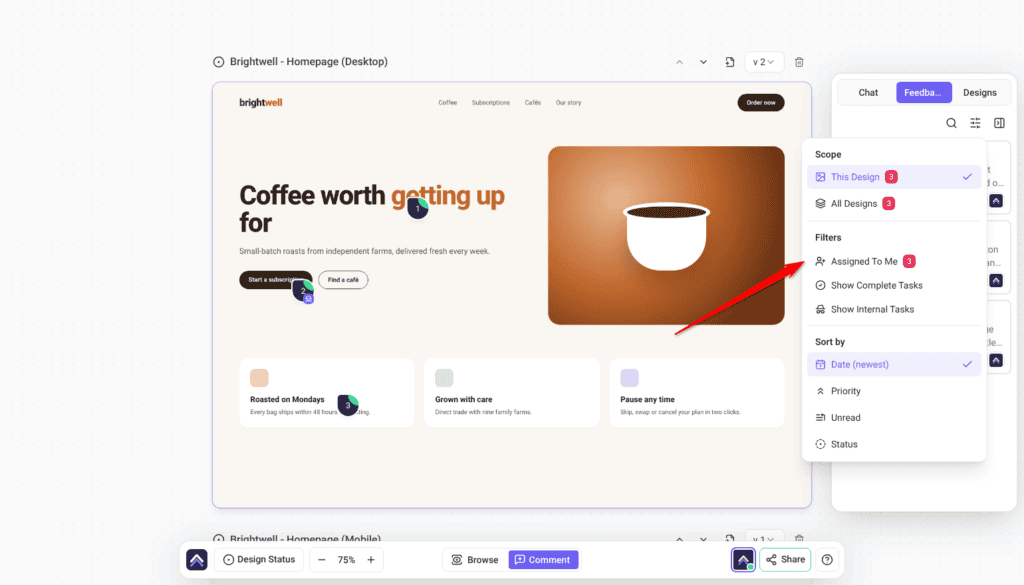 Feedback tab filter menu with This Design, All Designs, Assigned To Me, Show Complete Tasks, Show Internal Tasks and Sort by; the arrow points at it