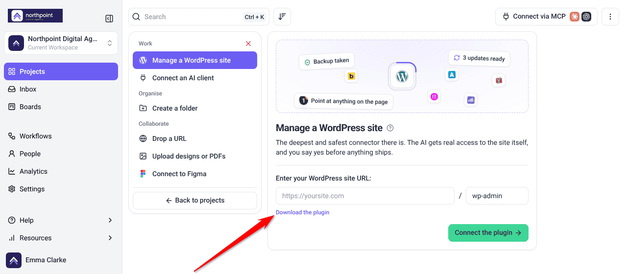 Manage a WordPress site panel with the Download the plugin link