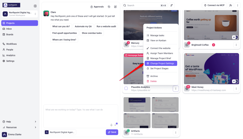 Project Actions menu open on Plausible Analytics; the arrow points at Change Project Settings