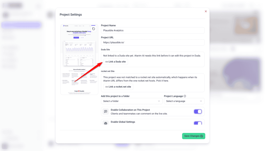 Project Settings with the Duda Site field reading Not linked to a Duda site yet; the arrow points at Link a Duda site