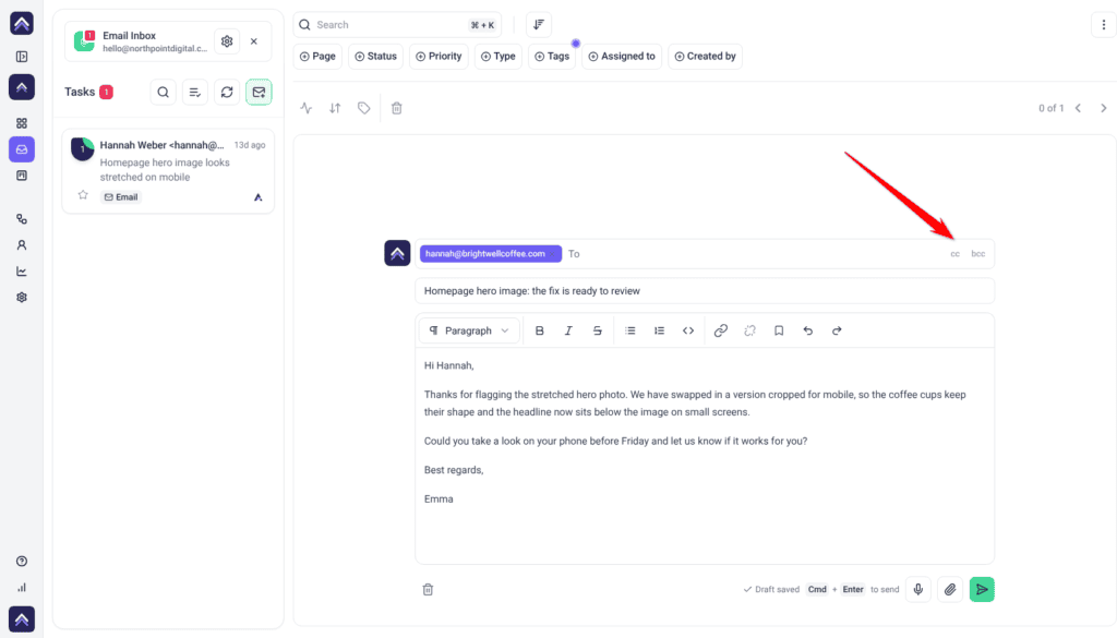 New email in the Email Inbox composer with a To recipient, Subject and message, arrow on the cc control inside the To field