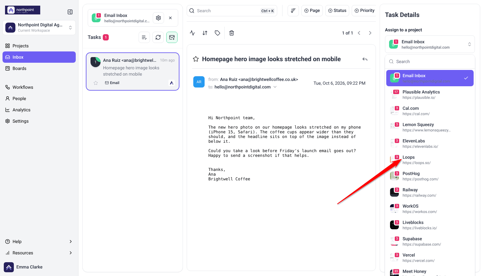 Email Inbox task from Brightwell Coffee open, with the Assign to a project menu listing projects such as Plausible Analytics and Loops