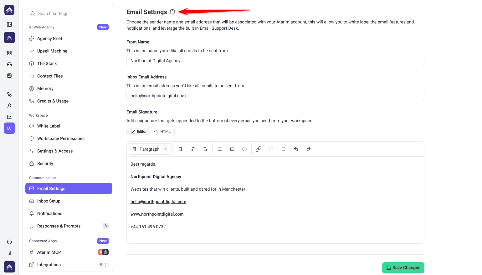 Email Settings with From Name, Inbox Email Address and a sample Email Signature, arrow on the Email Settings heading