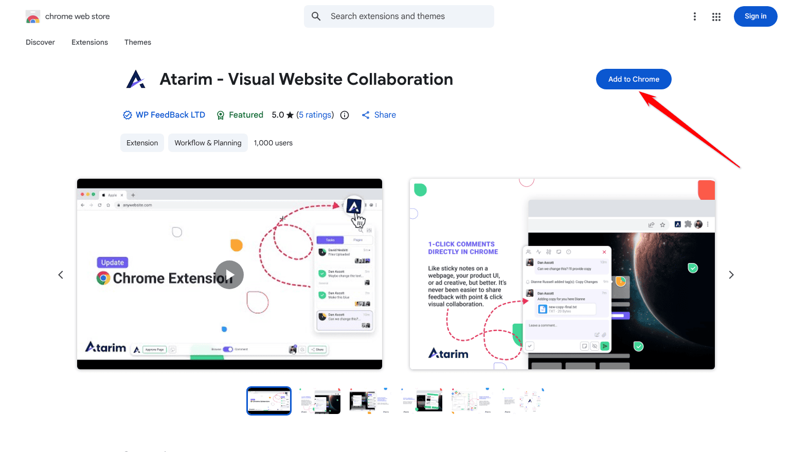 Atarim - Visual Website Collaboration on the Chrome Web Store; the arrow points at the Add to Chrome button
