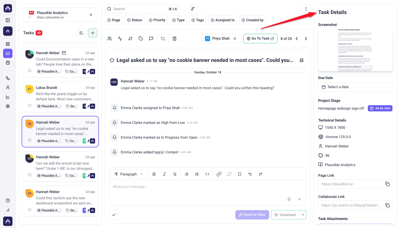 Hannah Weber's task open in the Inbox with its activity and the Task Details panel; the arrow points at Task Details