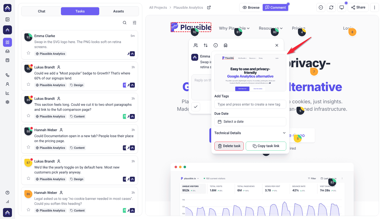 Task info panel in Collaborate with the captured screenshot, the Plausible logo outlined; the arrow points at the screenshot