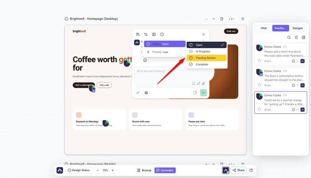 Design task open on a Brightwell design with the status menu showing Open, In Progress, Pending Review and Complete; the arrow points at Pending Review