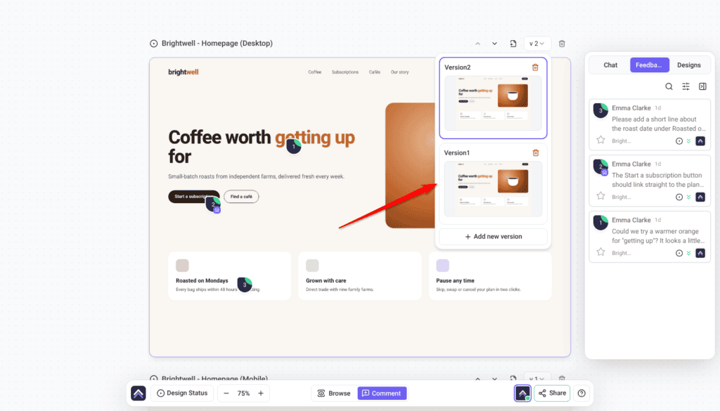 Brightwell - Homepage (Desktop) design with the version menu open, listing Version2, Version1 and Add new version; the arrow points at Version1