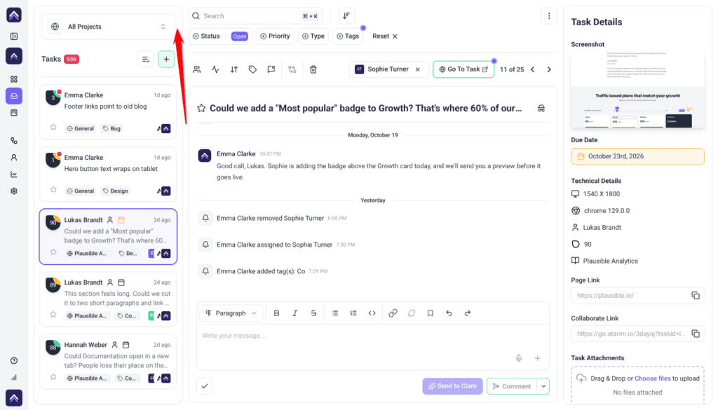 Inbox with All Projects selected, listing open tasks from several projects and Lukas Brandt's task open; the arrow points at All Projects