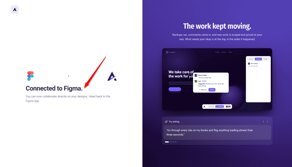 Atarim sign-in tab reading Connected to Figma. You can now collaborate directly on your designs; the arrow points at the heading