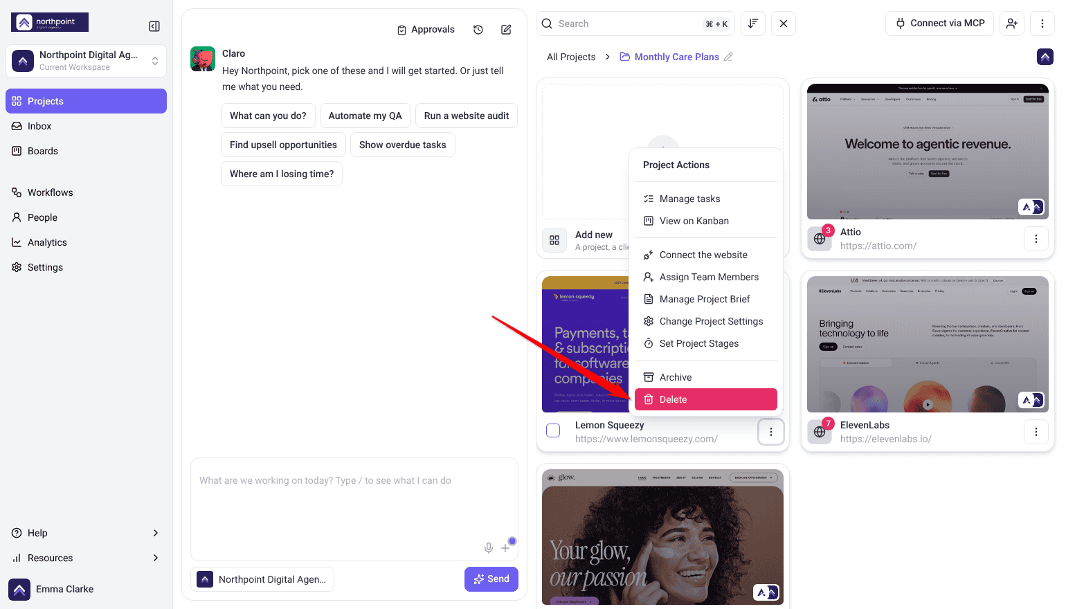 Monthly Care Plans folder view with the Lemon Squeezy card menu open, with the arrow on Delete in Project Actions