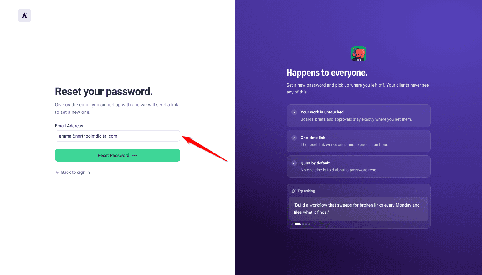 Reset your password. screen with an email in Email Address, arrow pointing at the field above Reset Password