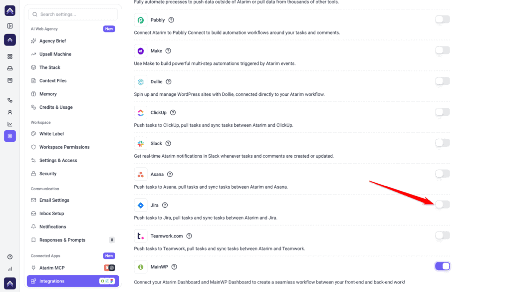 Integration Settings listing ClickUp, Slack, Asana, Jira and Teamwork.com, each with a switch; the arrow points at the Jira switch