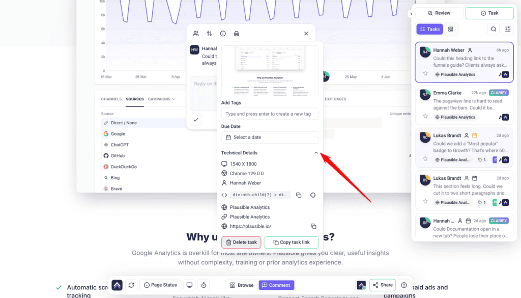 Hannah Weber's task with Technical Details expanded, element path and page URL included; the arrow points at Technical Details