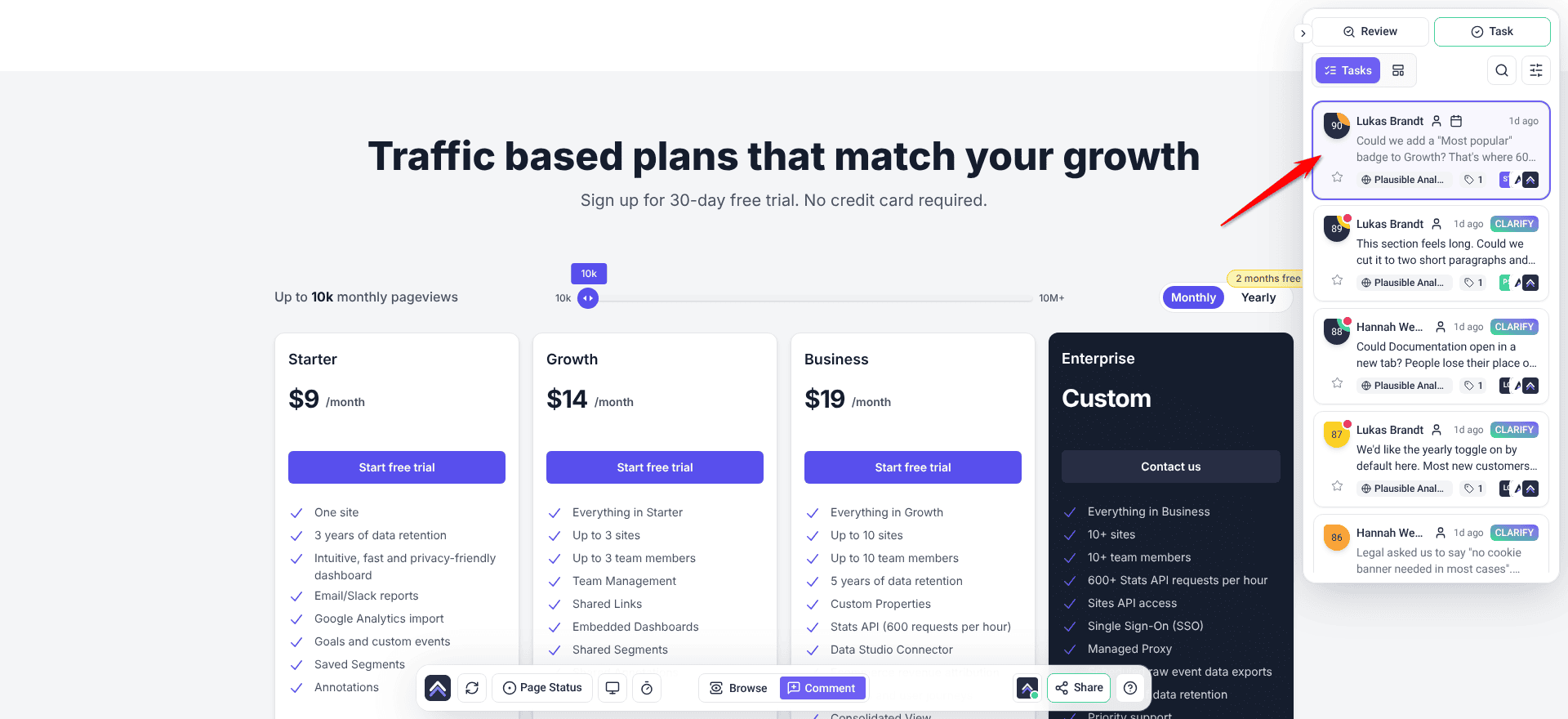 Plausible Analytics pricing page opened from Go To Task, with the Atarim task list on the right and a red arrow pointing at the highlighted task from Lukas Brandt