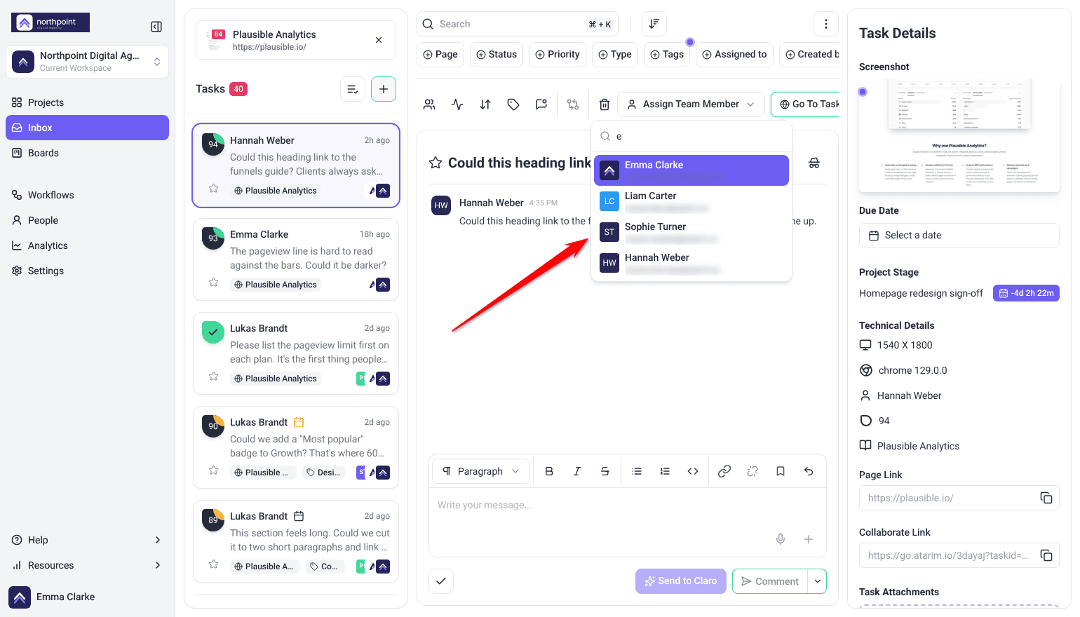 Inbox task with the Assign Team Member list open, with the arrow on Sophie Turner