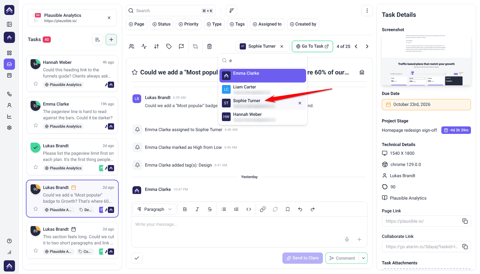 Inbox task with the team member picker open under the assignee and filtered by a search, with the arrow pointing at Sophie Turner