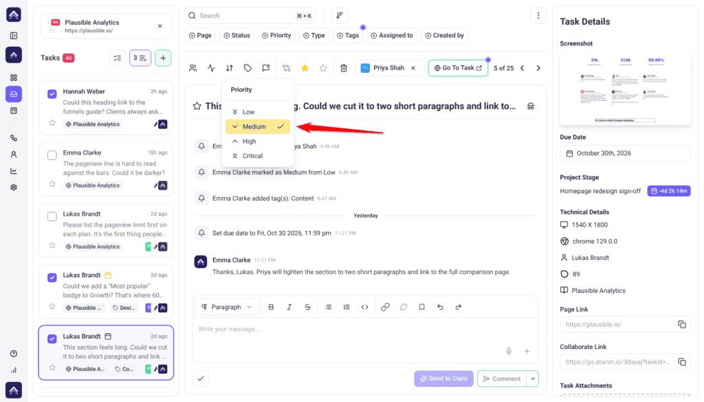 Inbox bulk toolbar with three tasks selected and the Priority menu open; the arrow points at Medium