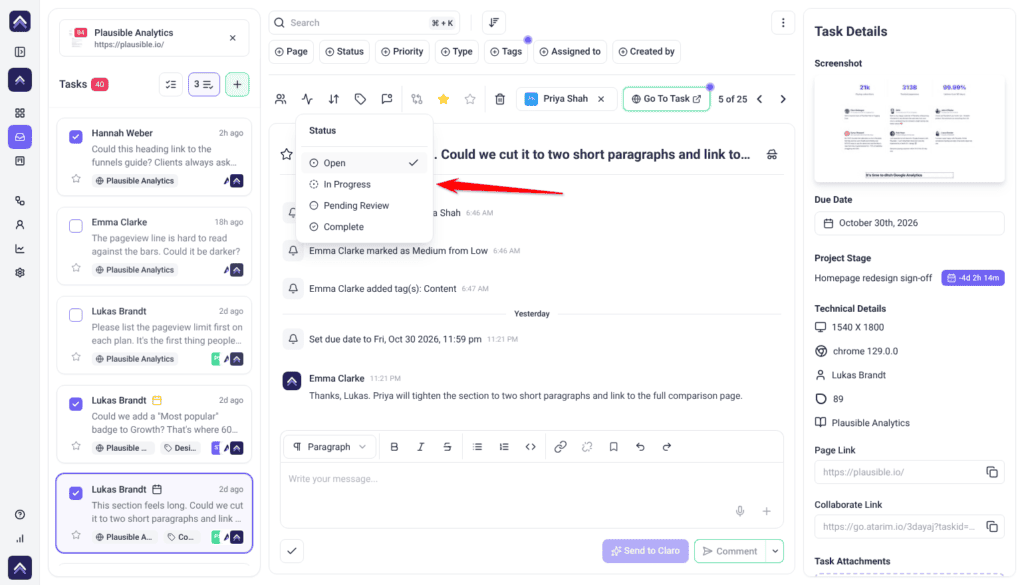 Inbox bulk toolbar with three tasks selected and the Status menu open; the arrow points at In Progress
