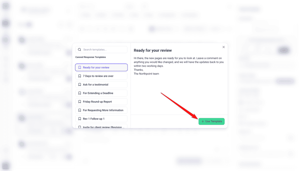 Canned Response Templates with Search templates and Ready for your review previewed, with the arrow pointing at Use Template